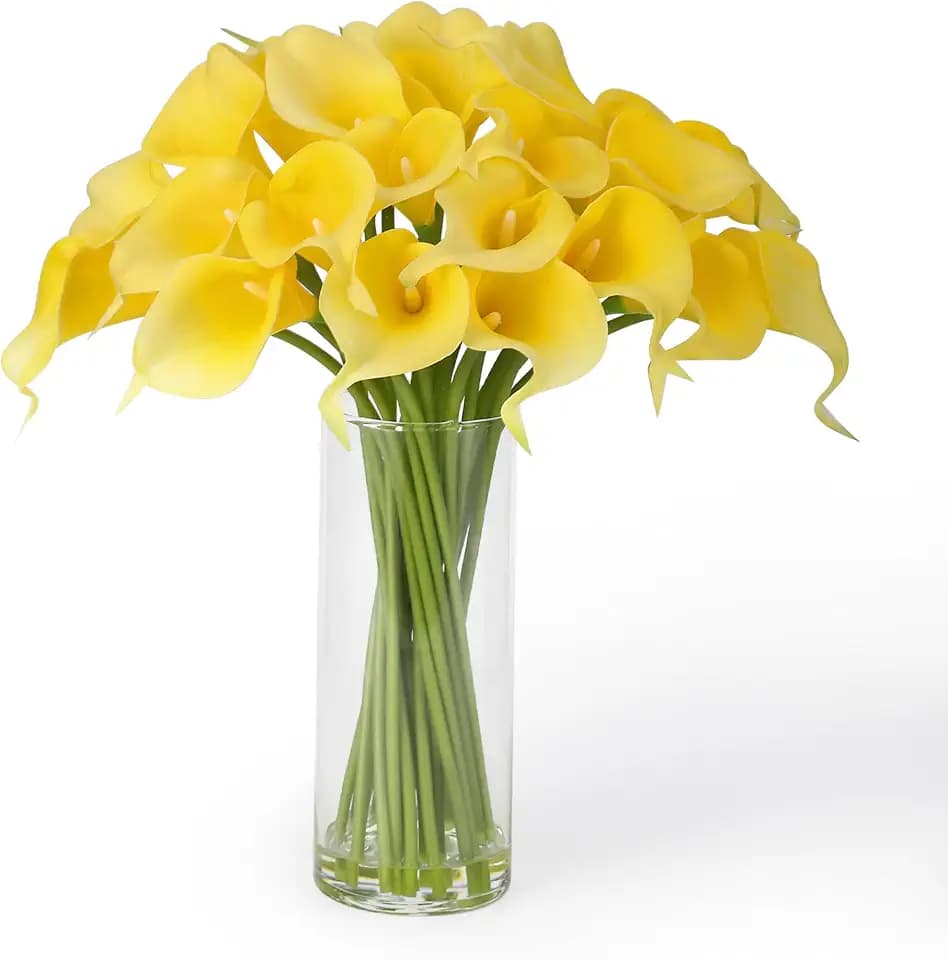 GarveeLife 24PCS Real Touch Calla Lily with Vase, Artificial Flowers with Faux Water for Centerpiece Table Decor, Latex Fake Flower for Wedding, Home, Office Counter Decorations, Yellow