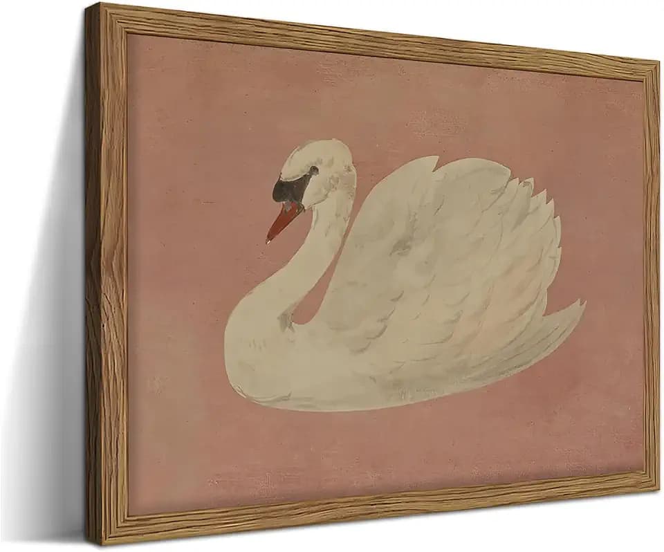 Vintage Framed Wall Art, Modern Pink Grace Swan Canvas Wall Decor Painting, Small Retro Animal Rustic Farmhouse Artwork Prints Pictures for Living Room Bedroom Bathroom 8x10 Inch