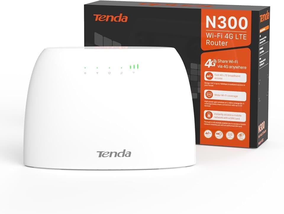 Tenda 4G03 4G LTE Router, WLAN Router für SIM-Karten (CAT4, 150Mbit/s im Download, 300Mbit/s 2,4GHz), 2 Fast-Ethernet-Ports, Plug & Play, APP, IPv6, Gast-Netzwerk, Verkehrdaten-Monitoring, Weiß