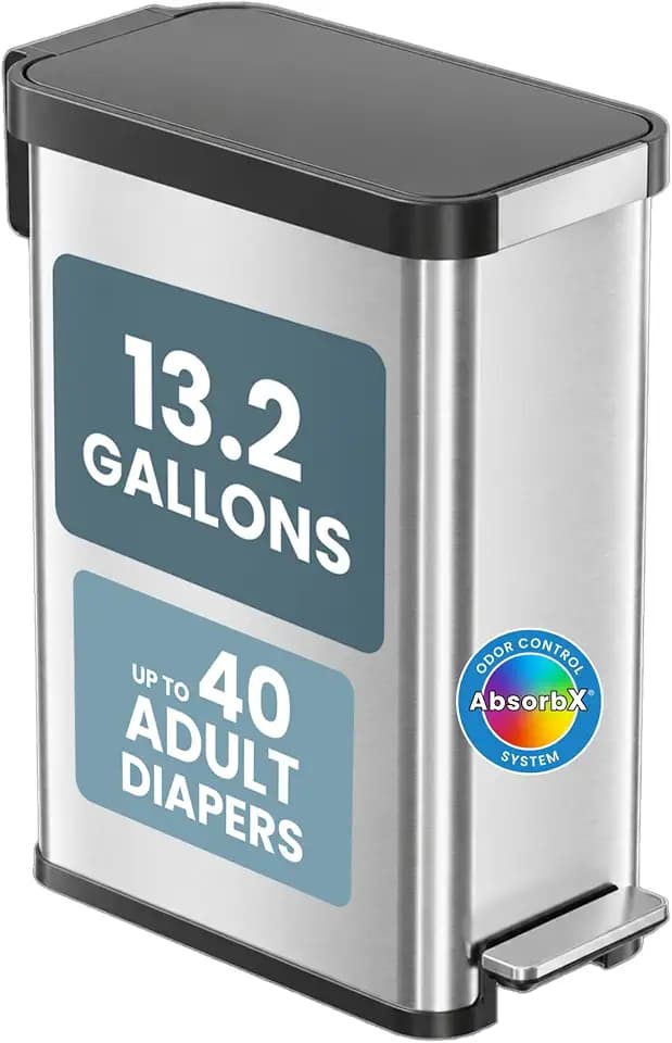 Patented 13 Gallon STEP Adult Diaper Pail, Fits Kitchen Bags, Odor Filter Trash Can Large 40+ Diapers Capacity, No Refills Needed, Incontinence Underwear Nursery Diapers ADA Compliant, Stainless Steel
