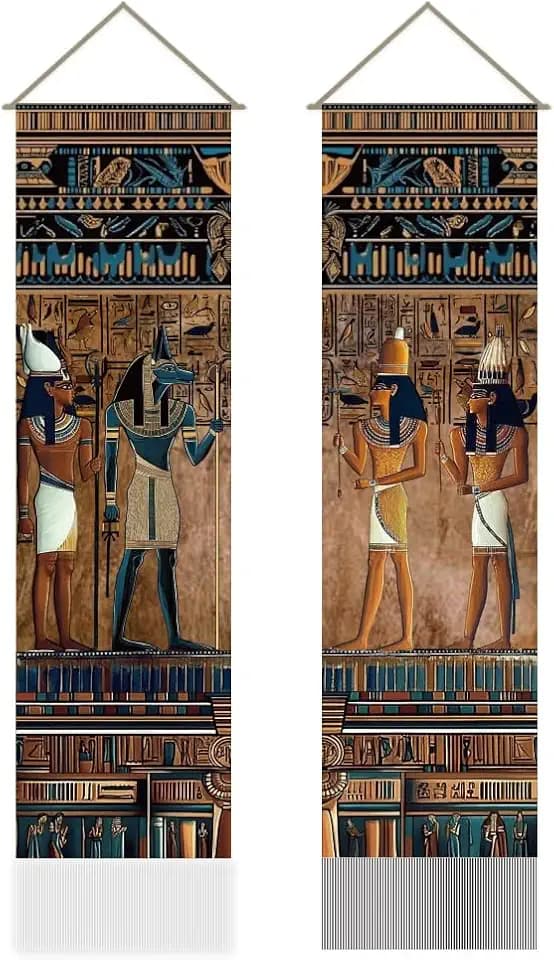 AHANDMAKER 2Pcs Ancient Egyptian Murals Tapestry Wall Hanging, Egypt Decor Hieroglyphics Pharaoh Art 45.7"x13" Long Vertical Banner with Tassels for Bedroom Living Room Backdrop Coffee Home Banner Décor