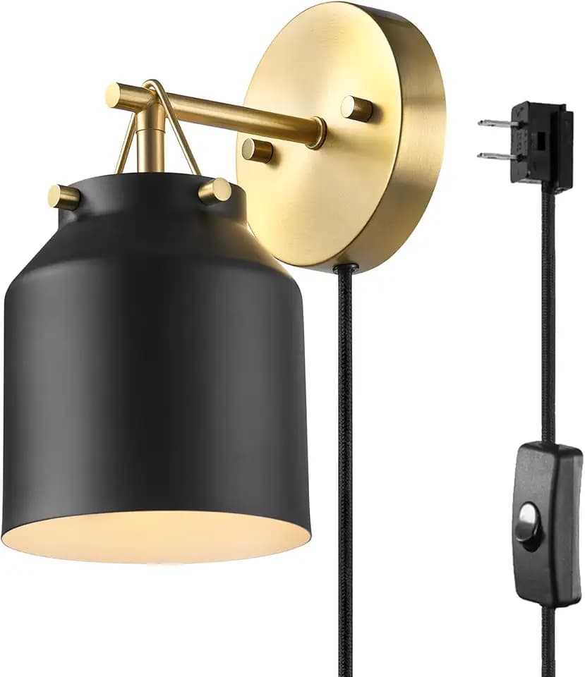 Globe Electric Plug-in or Hardwire Wall Sconce, Matte Black Shade, Matte Brass Accents, Braided Cord, 65000102