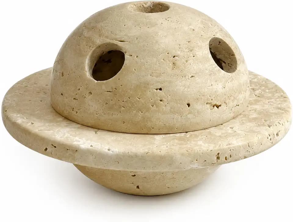 Natural Stone Incense Burner, Pyramid Design, Cone Holder with Multiple Holes,Textured Triangular Aromatherapy Holder for Sage & Palo Santo Travertine Bowl for Living Room (Flying Saucer)