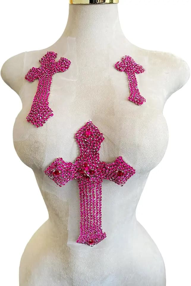 3PCS Pure Handsewing Rhinestones Applique Multicolor Cross Patch DIY Craft Accessories for Dress Jackets Jeans Backpacks Hats Clothing Decoration (Rose red)