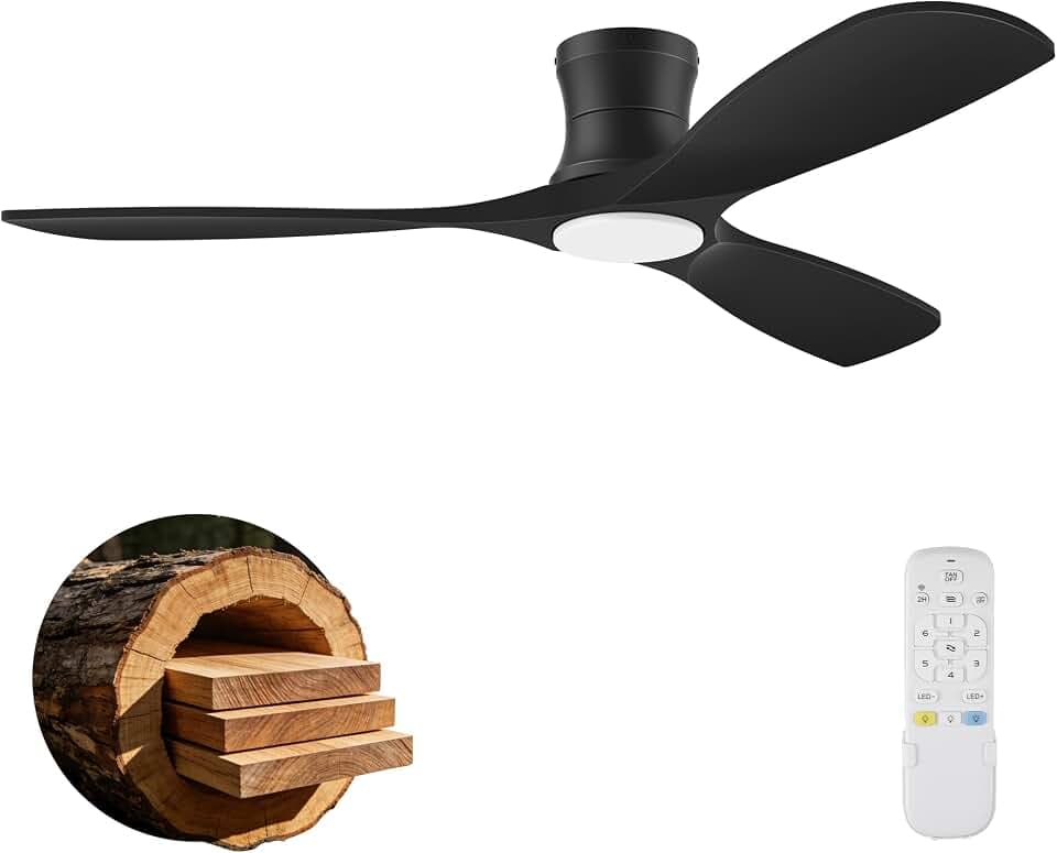 52” Smart Low Profile Ceiling Fans with Light Remote,Flush Mount,Black,Wood