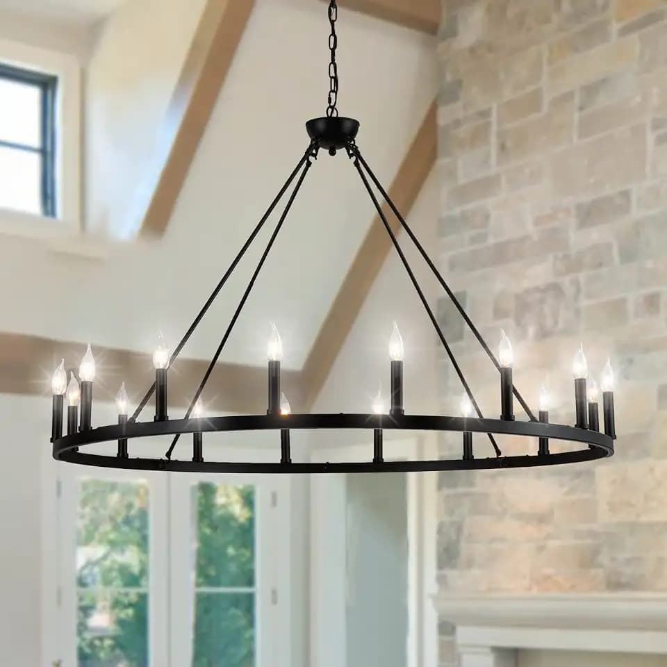 16-Light Black Wagon Wheel Chandelier Large Farmhouse Chandelier, Round Rustic Lighting, Farmhouse Light Fixture