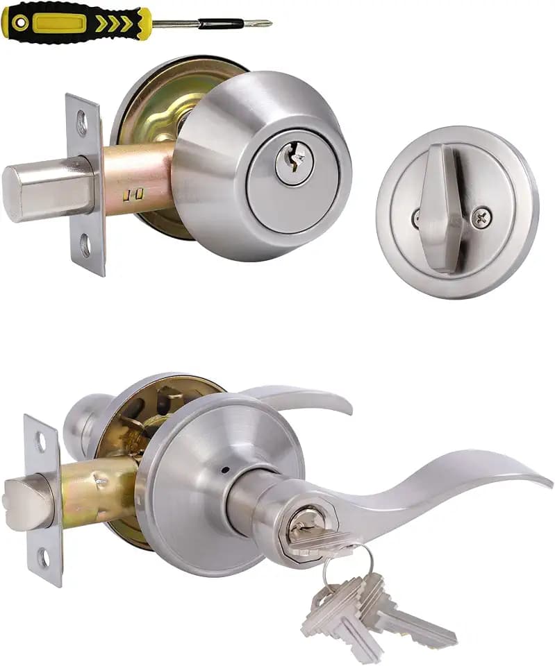 Lanwandeng Keyed Alike Front Door Lever Lockset with Single Cylinder Deadbolt Combination Set, Exterior Door Knob with Lock and Deadbolt, Satin Nickel Finished Door Lock