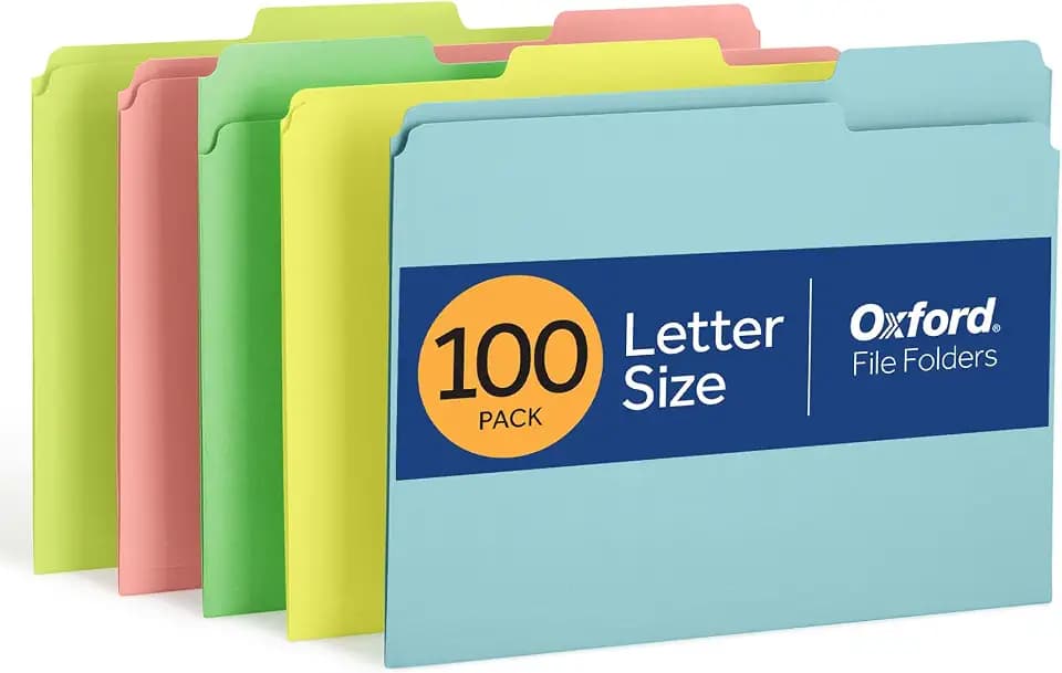 Oxford Colored File Folders, 100 Pack, Letter Size (8.5" x 11"), 3 Tabs, 5 Pastel Colors, Color-Coding for School, Office & Home Document Organization
