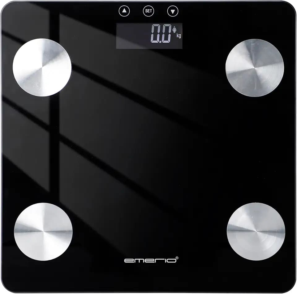 EMERIO digitale Personenwaage | misst Körperfett - Muskelmasse - Knochenmasse - BMI | hoch präzise Sensoren | inkl. 2x AAA Batterien | max. 180kg | Memory Funktion | Auto Off | 28x28cm | BR-125479