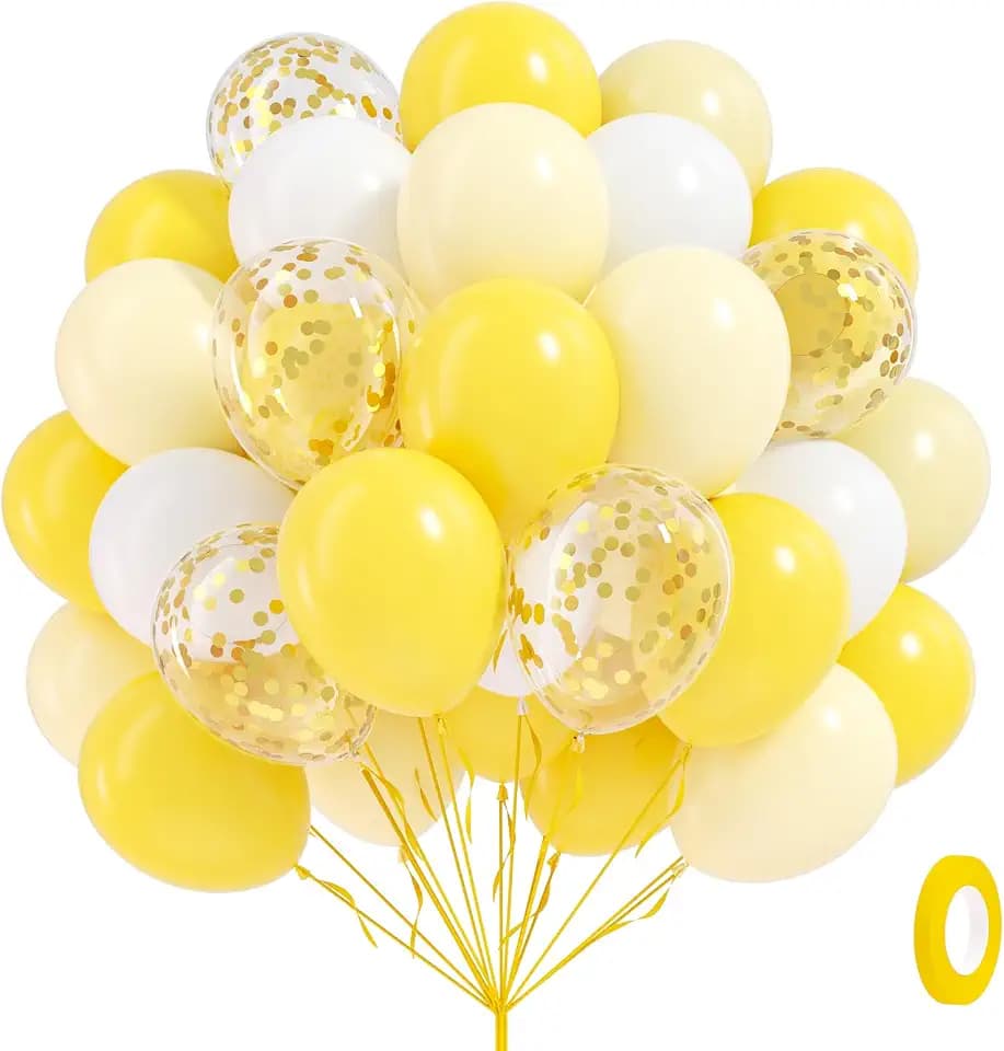 60pcs Yellow and White Balloons 12inch with Gold Confetti Balloons