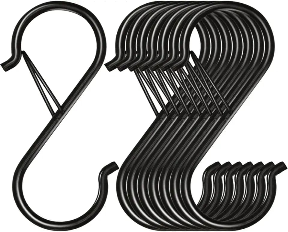 Waitkey 8 Pack S Hooks for Hanging, 3.5 inch Heavy Duty Metal S Hooks with Safety Buckle S Shaped Hooks Pot Rack Closet Hooks for Hanging Plants, Clothes, Kitchen Utensil, Pots, Pans, Bags (Black)