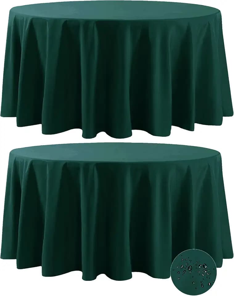 Fokitut 2 Pack Waterproof Round Tablecloth, 132 Inch, Stain Resistant and Wrinkle Polyester Table Cloth, Fabric Table Cover for Kitchen Dining, Wedding, Party, Holiday Dinner-Hunter