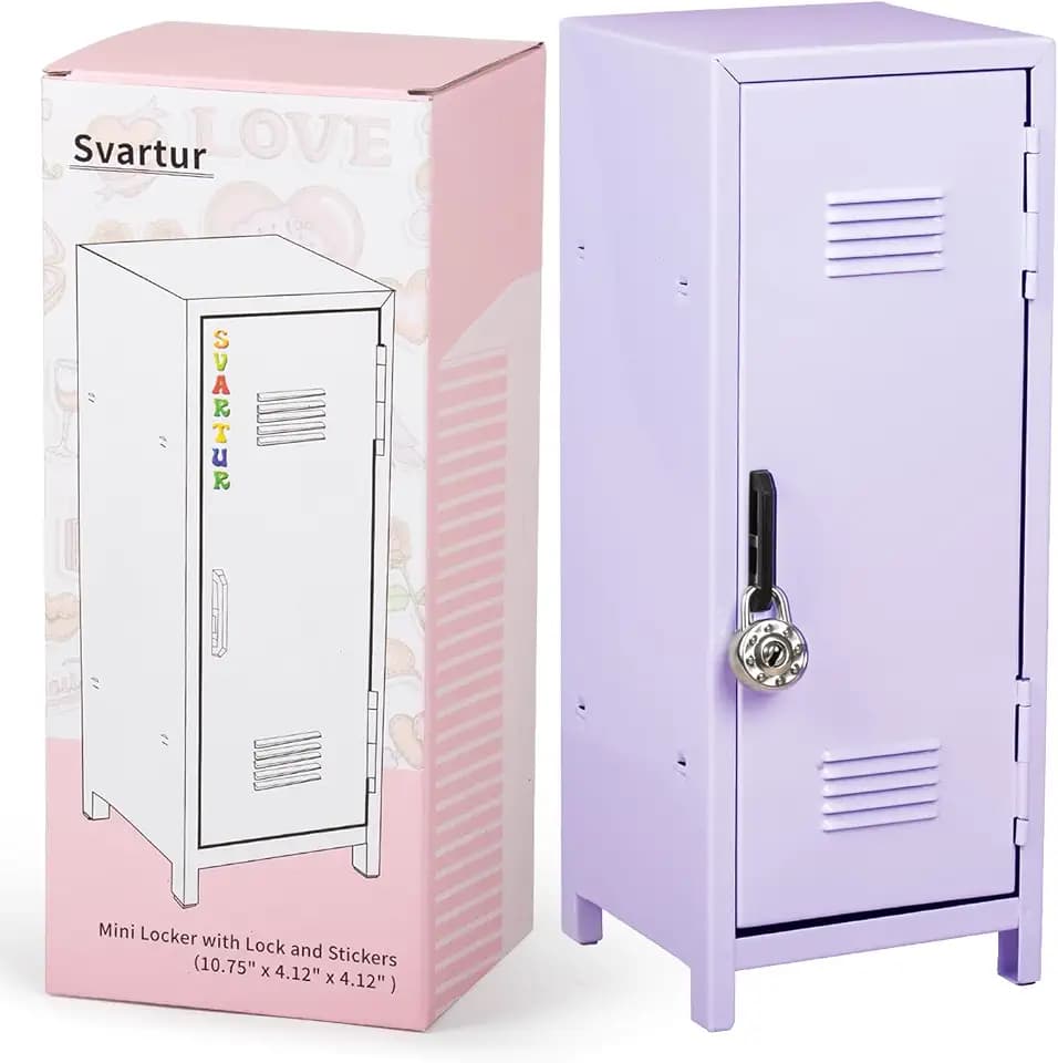 Svartur Mini Locker with Lock & Keys, Stickers, Metal Small Locker for Desktop, Girls Lockbox Desktop Storage Organizer, Money Safe and Cash Lock Box for Girls Safe, Purple