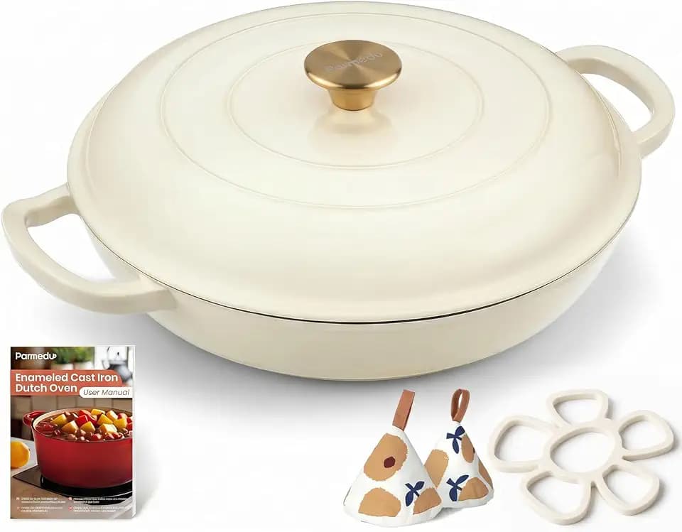 Parmedu Cast Iron Dutch Oven, 3.8 Quart, White, Shallow Braiser & Casserole