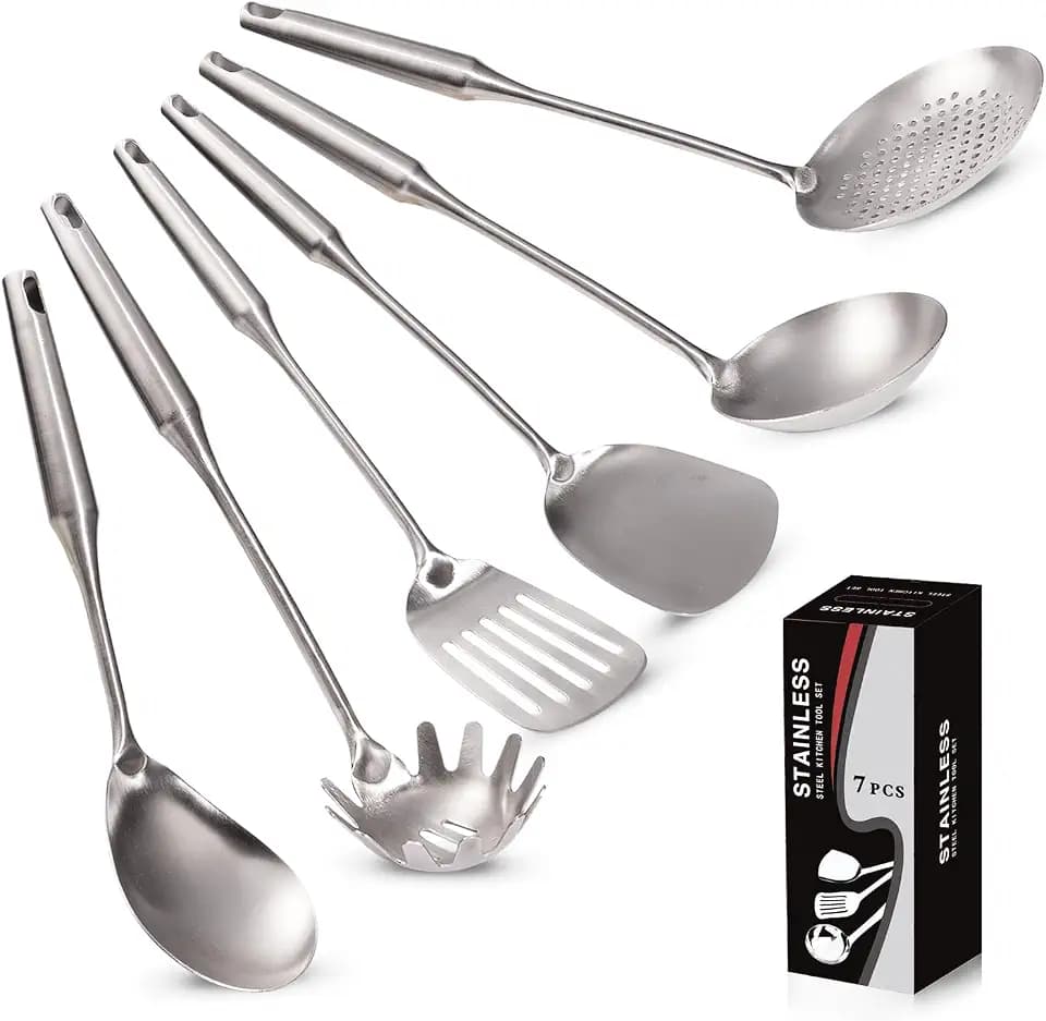 6Pcs Stainless Steel Kitchen Utensils Set Includes Utensil Holder(no additional cost), Slotted Spoon, Soup Ladle, Pasta Server, Serving Spoons, Spatula, Slotted Turner. Non-Toxic Easy to Clean/6Pcs