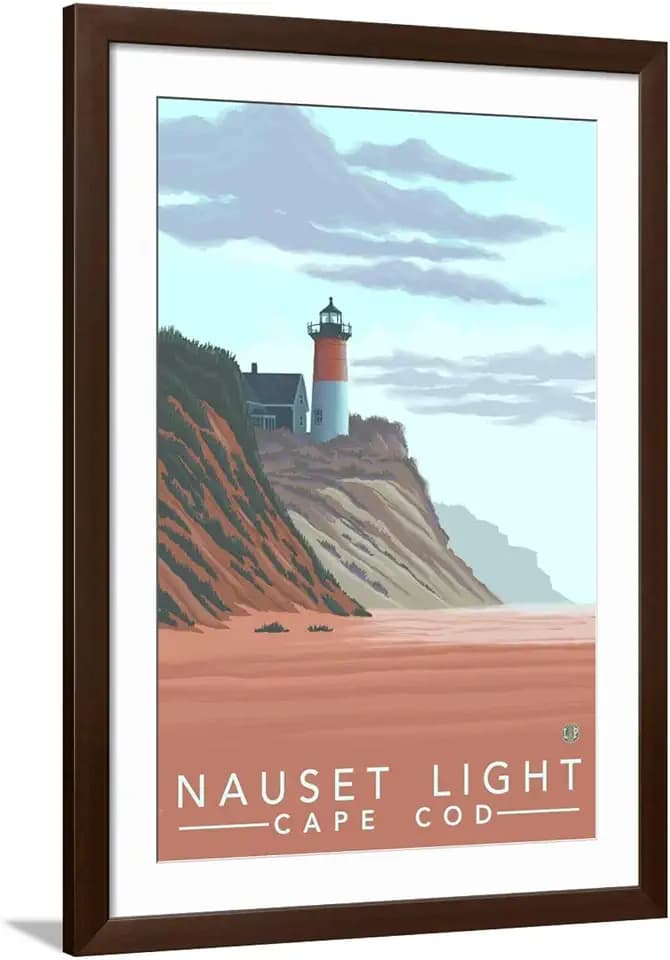 ART.COM Wall Art Print Cape Cod, Massachusetts, Nauset Lighthouse on Brown Frame by Lantern Press, 32" x 44"
