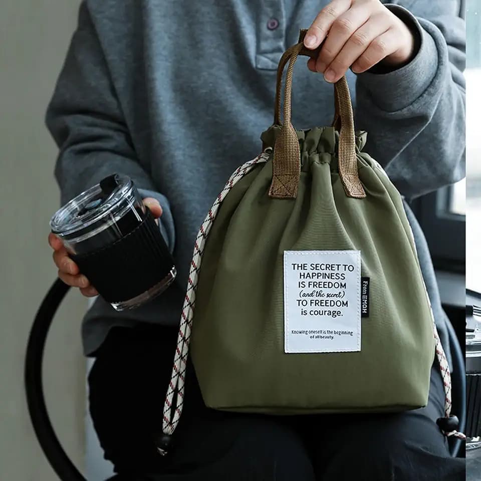 Japanese Style Bento Bag Portable Insulated Lunch Bag with Drawstring Closure for Work and Picnic