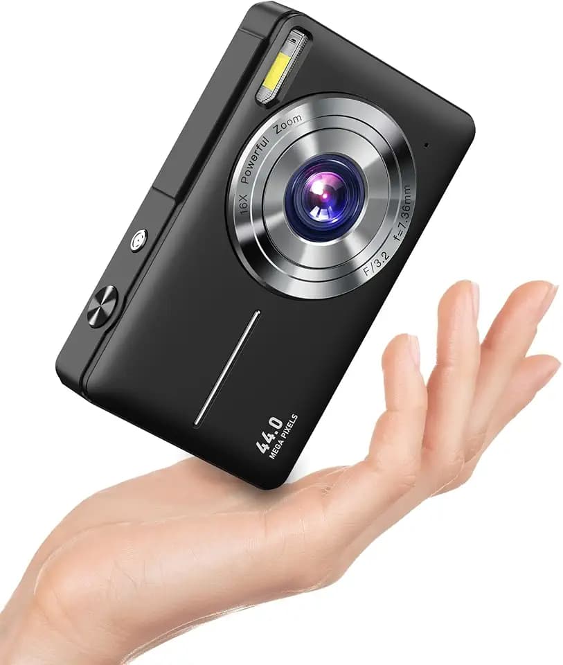 Digitalkamera 1080P FHD Fotokamera 44MP Fotoapparat Digital Kompaktkamera 16X Digitalzoom Einfache Vlogging Kamera Tragbare Kompakt Digitalkamera für Kinder Teenager Senioren Anfänger(Schwarz)