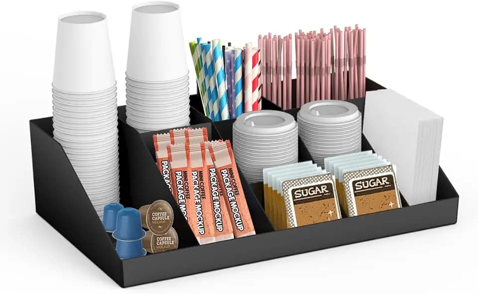 Coffee Organizer Station, Cup and Condiment Station, 10-Section Coffee Bar Organizer Tray - Compact Condiment Caddy with Cup Storage for Home & Office, Black