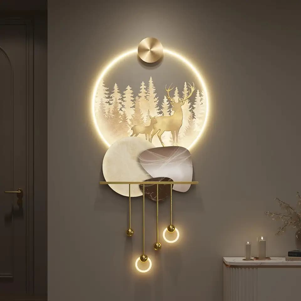 Large 3D LED Gold Deer Forest Vertical Wall Art for Living Room, Set of 1