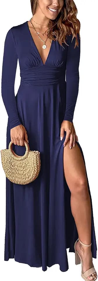 Yuopeid Women's Sexy Deep V Neck Solid Color Pleated High Waist Slit Club Party Evening Long Maxi Dress