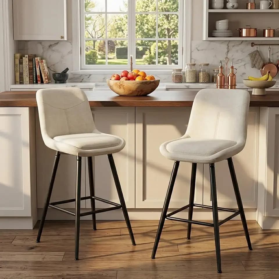 Garvee 25" Upholstered Bar Stools Set of 2, Counter Height Chenille Fabric Barstool with Footrest, Backrest and Metal Legs, Modern Bar Chairs for Kitchen Island and Counter