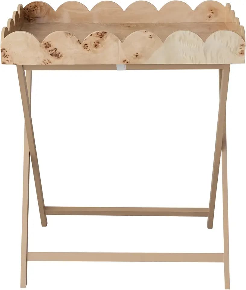 Creative Co-Op Burl Wood Veneer Folding Table with Removable Scalloped Tray, Natural