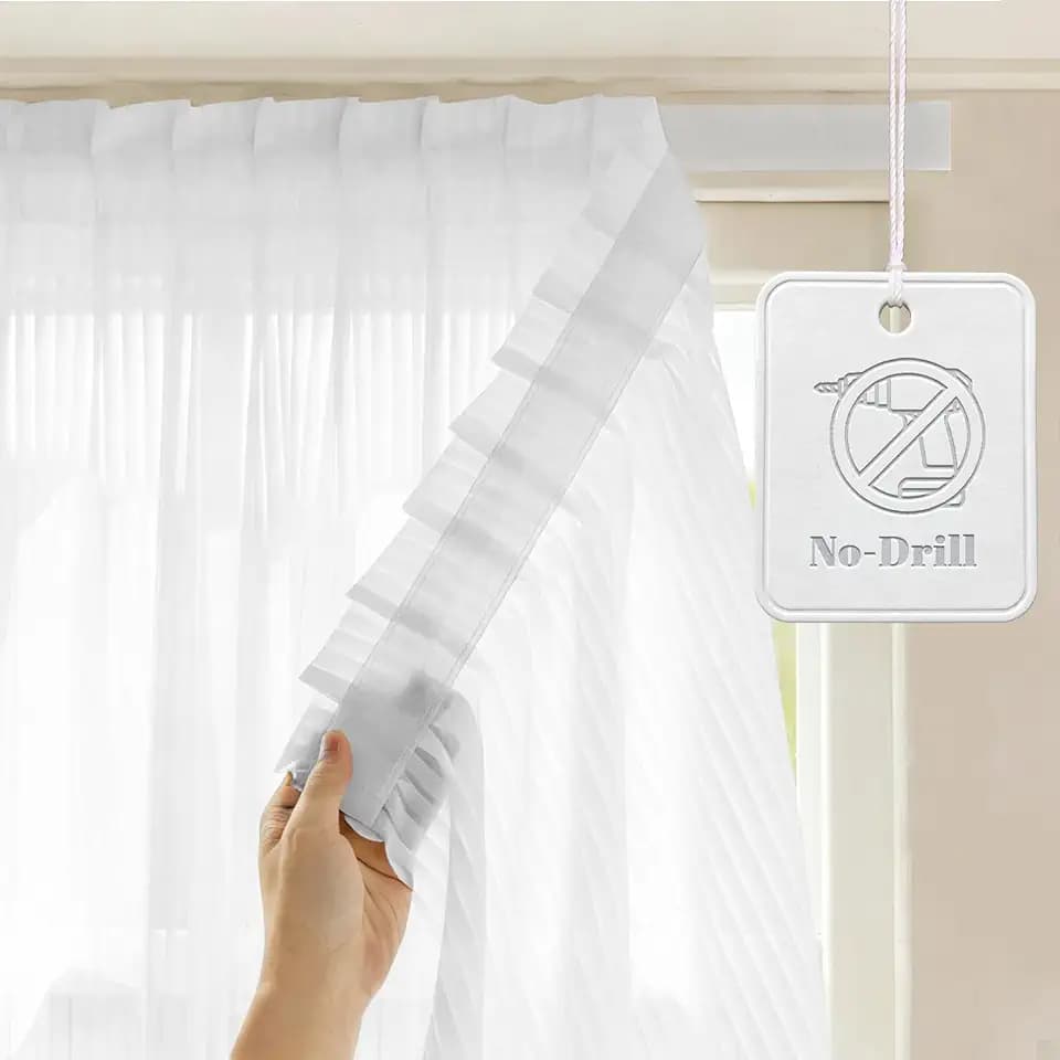 Sheer Curtains with Modern Vertical Stripes, Light Filtering Curtains for Privacy & Decoration, Easy Install No-Drill Adhesive Backing for Bedroom Living Room-White(W 27*L 25in-1-Panel)