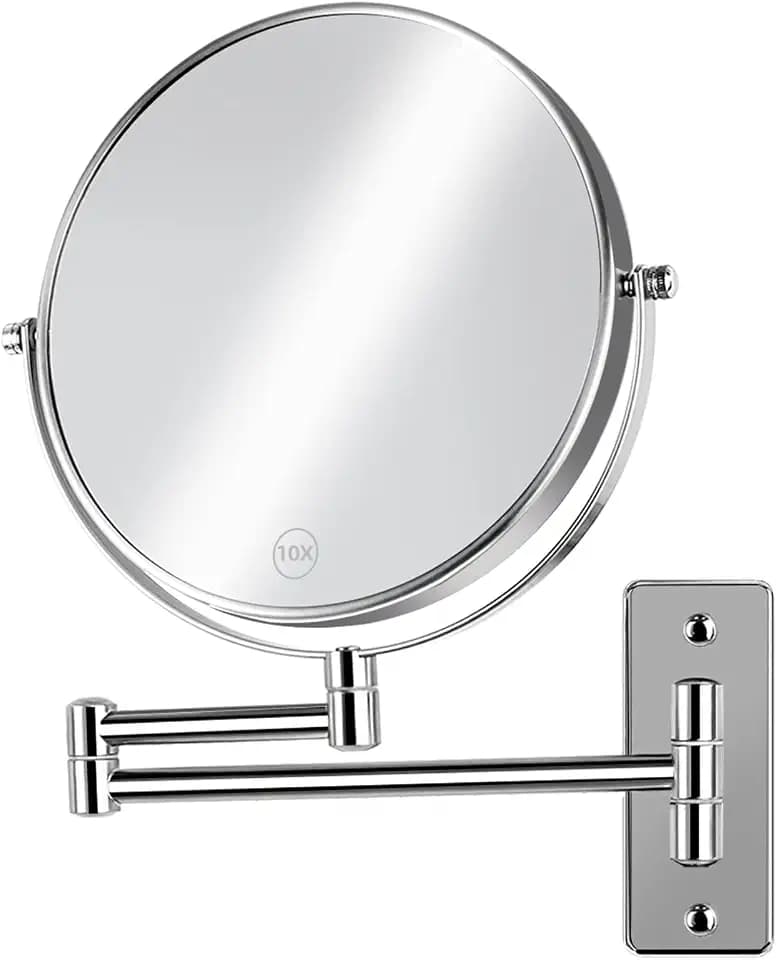 8 inch Wall Mounted Makeup Mirror, 1X/10X Magnifying Double-Sided Wall Mount Shaving Mirror (Close-Up 10X) with Extendable Arm, 360° Swivel for Bathroom Vanity, Chrome (No Light)