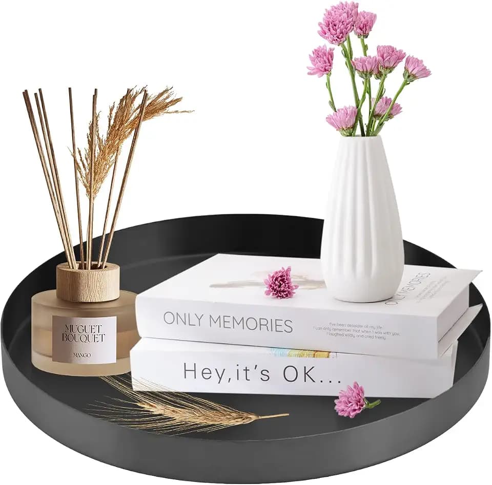 Black Round Decorative Serving Tray,12 Inch Metal Platter for Coffee Table Centerpiece, Circle Tray Counter and Dining Table Decor