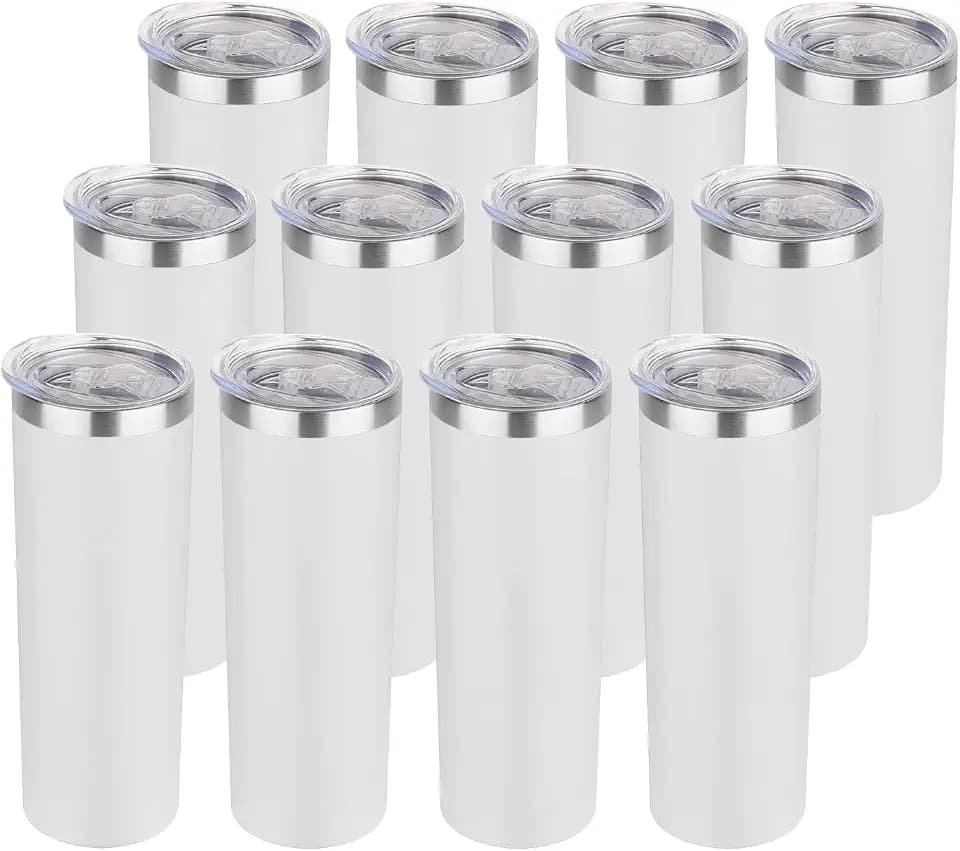 HASLE OUTFITTERS 20 oz Skinny Tumblers Bulk Set, Stainless Steel Insulated Slim Tumblers with Lids, Reusable Double Wall Travel Coffee Mugs, Durable Powder Coated Travel Water Cups(White, 12)
