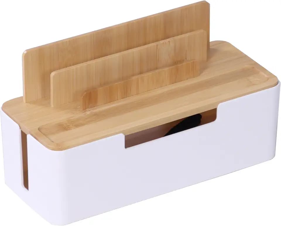 Relaxdays Kabelbox, Bambus, Halter Handy & Tablett, HBT: 16x30x13 cm, 6-Fach Steckdose, Kabelversteck Lüftung, Farbe