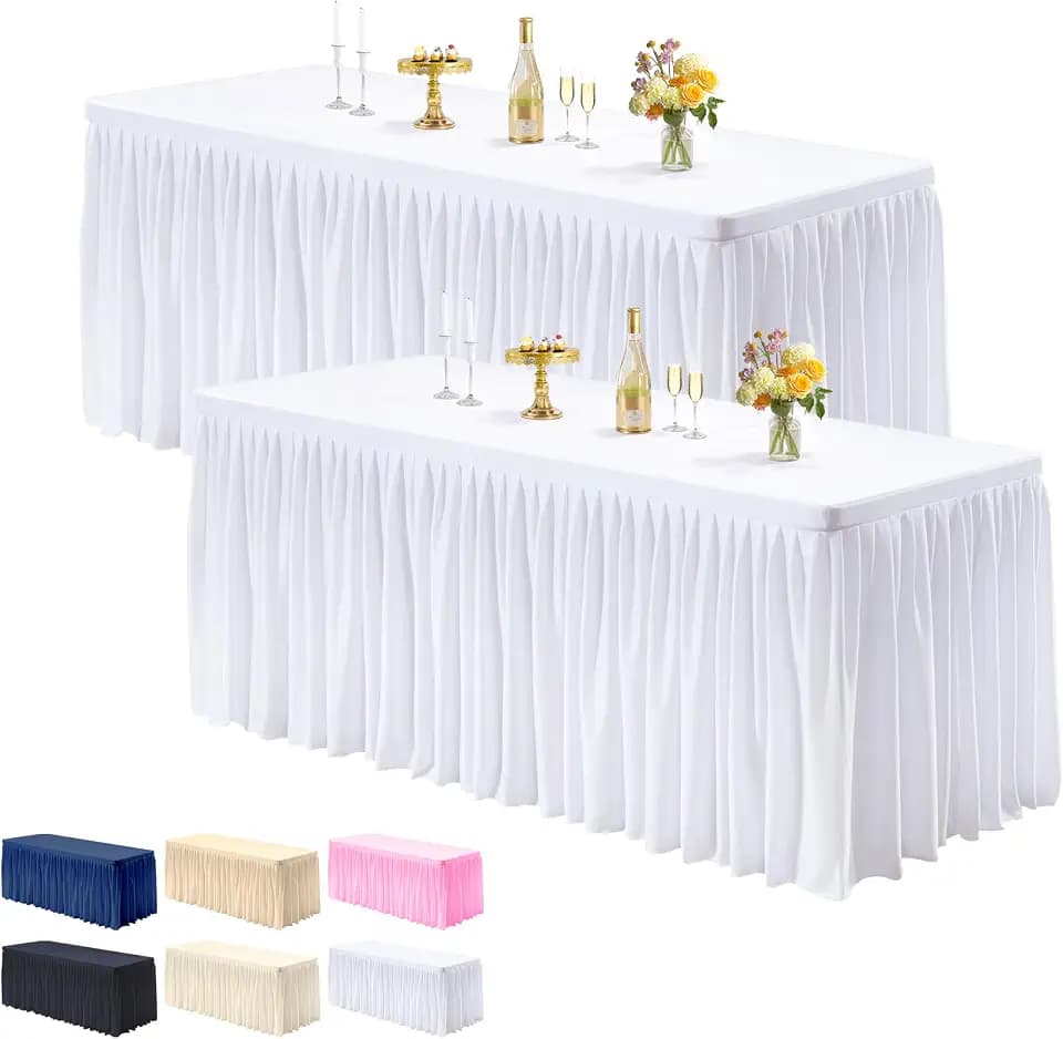 PARTISKY 2 Pack White Tablecloths for Rectangle Tables 4ft, Wrinkle Resistant White Table Cover Fitted Stretch Table Cloth with Pleated Ruffle Skirts for Party Banquet Dining Birthday Wedding