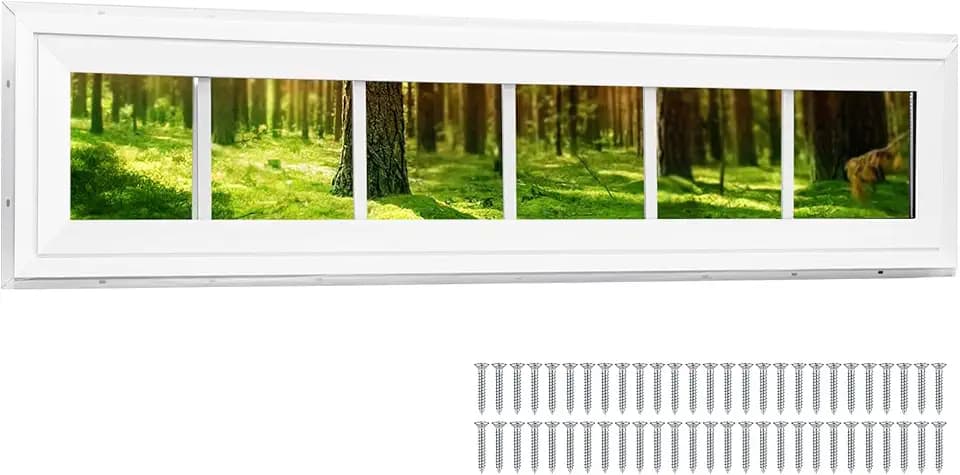 NeatiEase Vinyl Transom Window, 12" x 36" Fixed Glass Household Windows with Grids and Dual-pane Tempered Glass for House, Shed, Doors, Garage, Chicken Coop, Basement (White)
