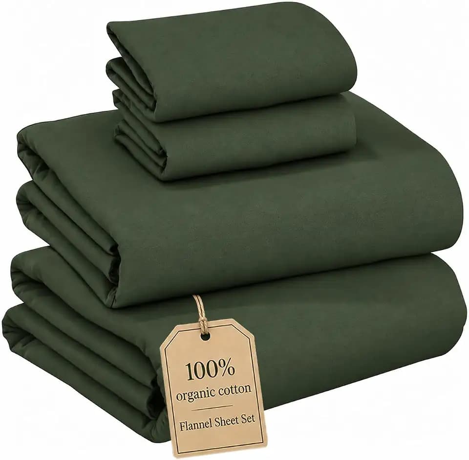RUVANTI 100% Organic Cotton Flannel Sheets Queen Size Bed Set, Riffle Green