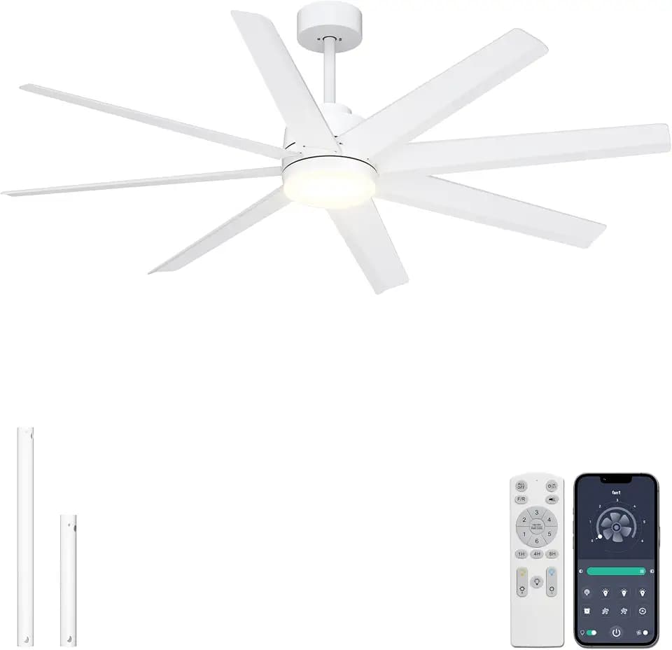 Ohniyou 60" White Ceiling Fan with Light for Patio, Porch, Living Room