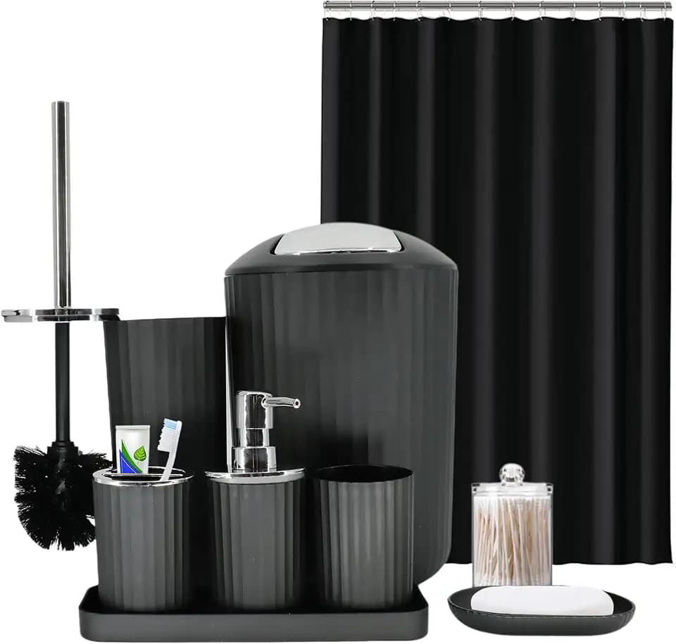 Black Bathroom Accessories Set, 10Pcs Bathroom Accessory Sets Complete with Trash Can, Shower Curtain, Vanity Tray, Soap Dispenser, Soap Dish, Toothbrush Holder&Cup, Toilet Brush&Holder, Qtip Holder