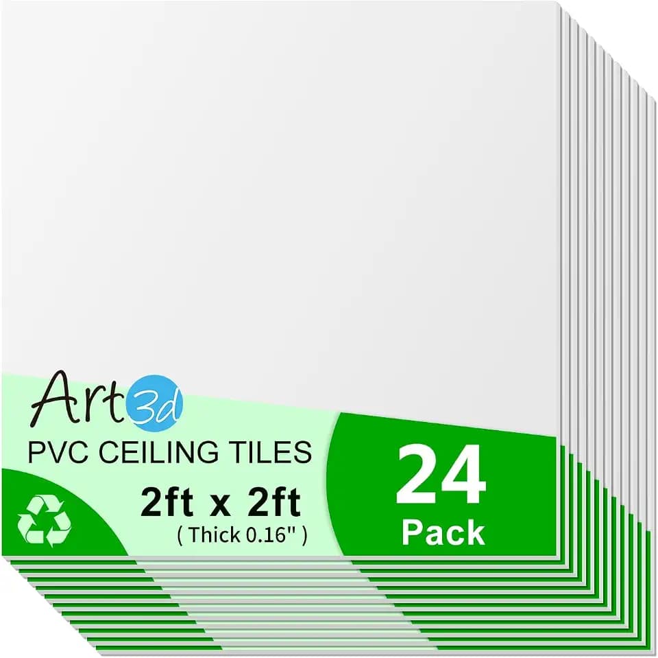 Art3d 24"x24" Smooth Drop Ceiling Tiles (48 Sq.Ft), 12-Pack 2ft x 2ft PVC Tiles for Home and Office, Waterproof and Reusable Plastic Ceiling, White