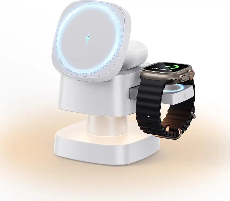 4 in 1 Magnetic Wireless Charging Station,15W Fast Charging with Adjustable Night Light,3 in 1 Wireless Charging Station for iPhone 17/16/15/14/13/12/11 Pro Max & Apple Watch,AirPods (White)
