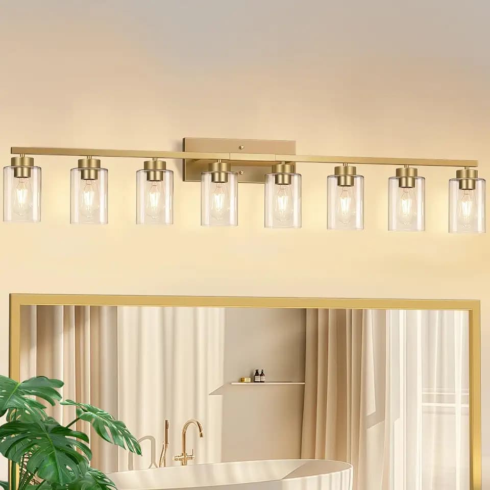 IZORRO Bathroom Light Fixtures, Modern Vanity Lights, Bathroom Lighting Fixtures Over Mirror with Clear Glass Shade, Wall Sconce for Living Room Cabinet Bedroom (Brushed Gold, 8-Light)
