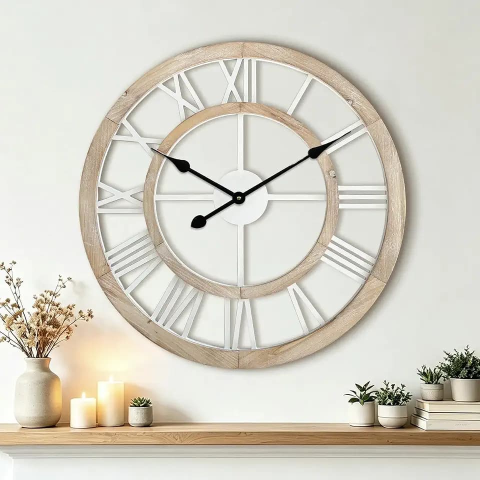 24 Inch Large Rustic Wall Clock Silent Non-Ticking Wooden Wall Clocks with Roman Numerals Farmhouse Decorative Clock for Living Room Bedroom Office (Light Lvory)