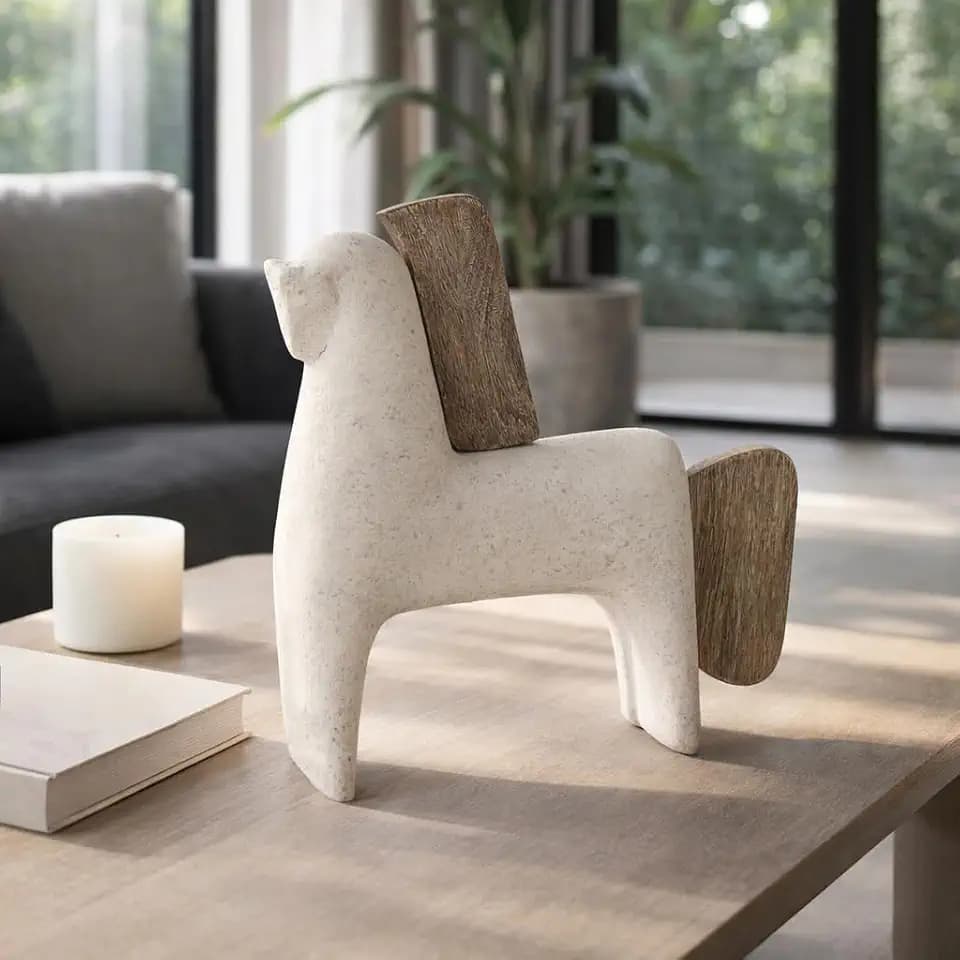 Ecomix and Mango Wood Horse Statue Figurine – Sculptural Room Decor Accent, for Shelf, Mantel, Or Office Placement, Art-Inspired Home Decor Design Detail for Calm Display – 14", Rustic Ivory and Tan