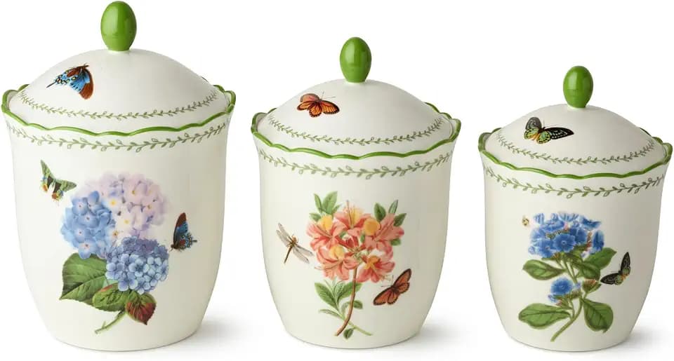 Mirabella Porcelain 3-piece CANISTER SET, elegant airtight floral storage jars with butterflies and scalloped trim