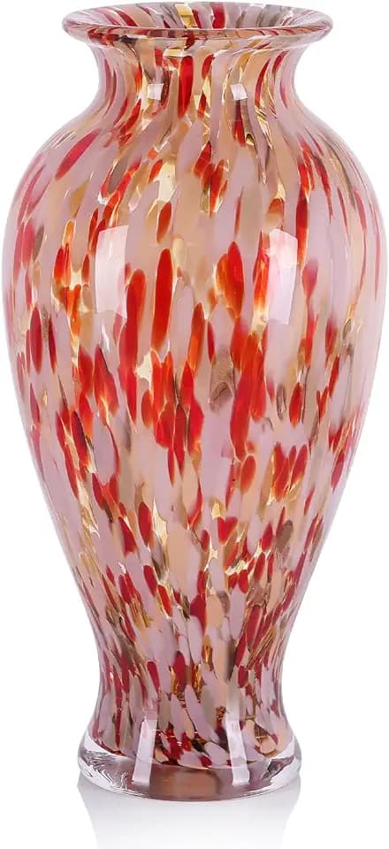 11.8" Tall Hand Blown Red Art Glass Vase, Multicolor Glass Vase, 2.5" Opening for Flowers, Centerpiece Decor for Living Room, Dining Table, Mantel Shelf, Pampas Grass (Red White)