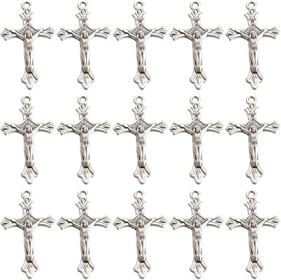 SUNNYCLUE 1 Box 50Pcs Rosary Cross Charms Easter Crucifix Pendants Tibetan Style Rosaries Bulk Vinatge Antique Silver Cross Charms for Jewelry Making Supplies DIY Necklace Bracelet Earrings Craft