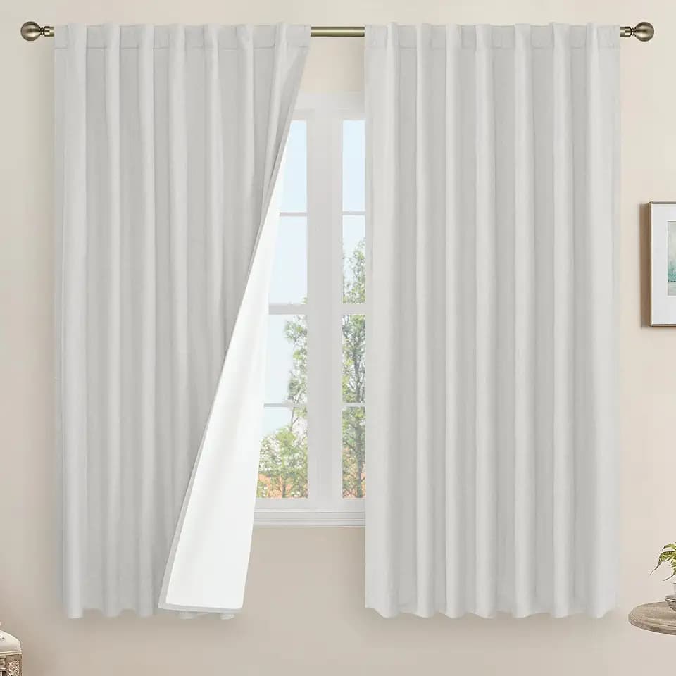 LAMIT 100% Blackout Linen Curtains 63 Inches Long for Bedroom 2 Panels