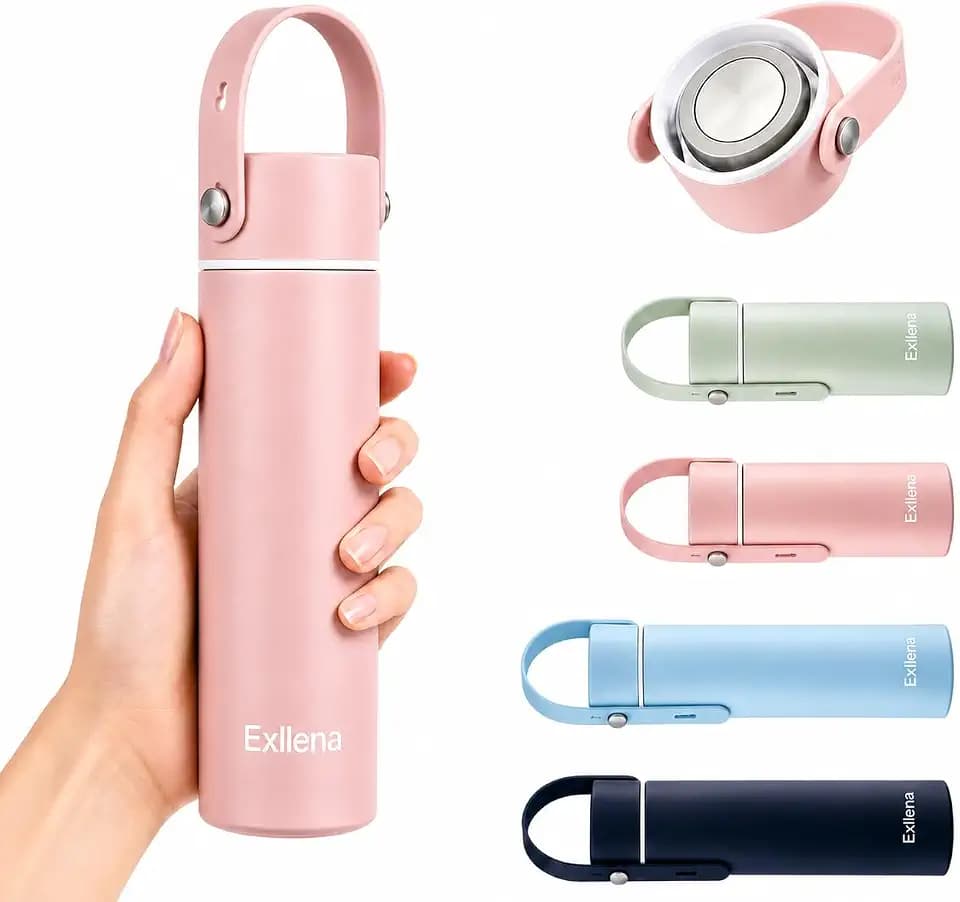Exllena 【Upgraded】 Small Insulated Water Bottle 10oz with Adjustable Silicone Handle– Small Flask for Hot & Cold Drinks, Leakproof, Ideal for Purse, Lunchbox...(Blush Pink)