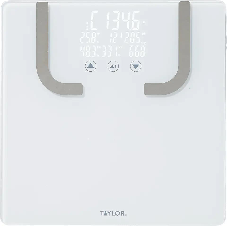 Taylor Smart Bathroom Scale with BIA Body Fat Analysis, Bluetooth App Sync, Digital Weight Monitor, BMI & BMR Tracking, 8 User Profiles, 440 lb Capacity, LED Display, Glass Platform, White