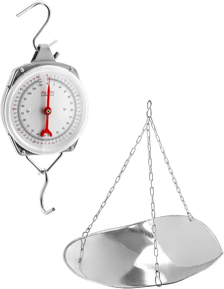 QWORK 110 lbs Large Display Spring Dial Weight Scale & Scale Scoop/Chain with Hanging Cradle, Steel Construction, for Shopping, Traveling, Kitchen, Silver