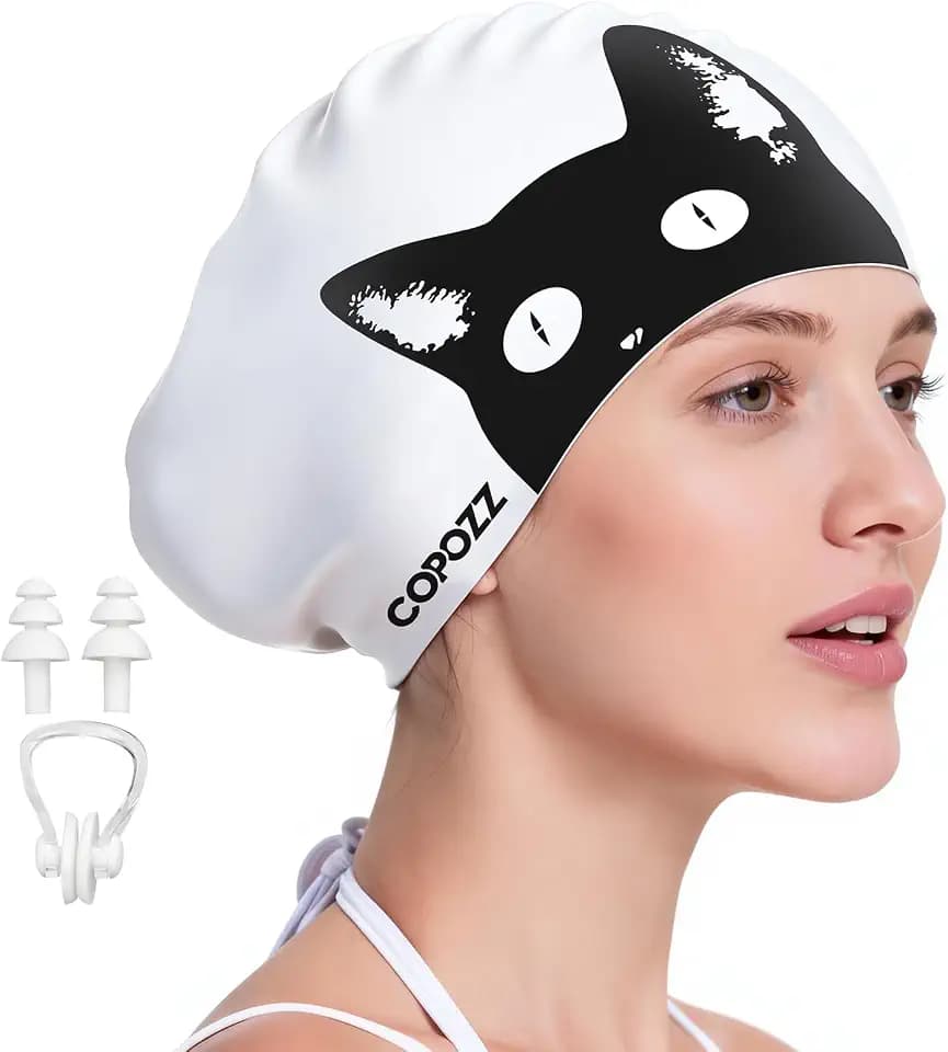 COPOZZ Large Silicone Swim Cap for Women, Full Ear Stretch Swimming Cap